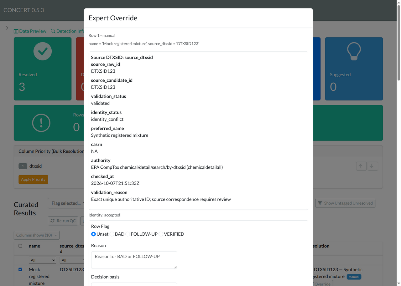Override dialog, part 1 of 4: title, inspected source ID evidence, current identity status and row-flag controls