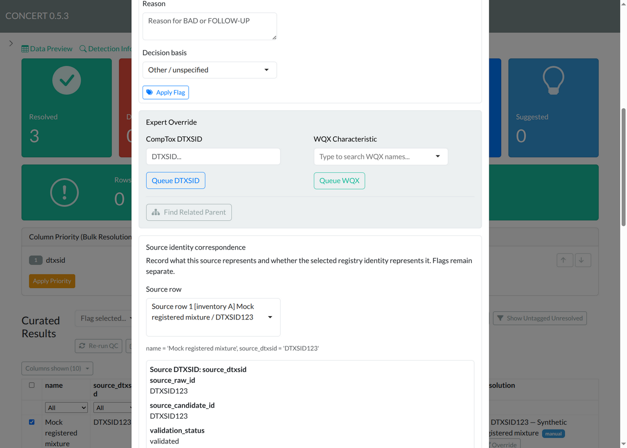 Override dialog, part 2 of 4: row-flag reason, chemical-wide override controls, source correspondence introduction and explicit source-row selector
