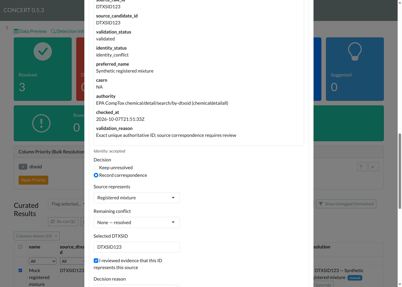 Override dialog, part 3 of 4: source validation evidence, Record correspondence, Registered mixture, resolved conflict, selected DTXSID and explicit correspondence checkbox