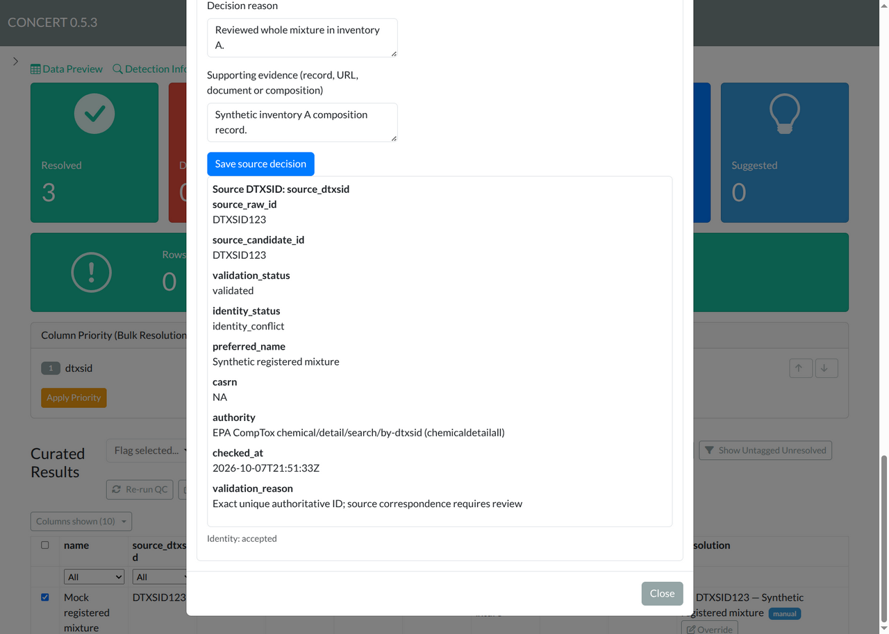 Override dialog, part 4 of 4: complete example reason and reference, Save source decision, current source evidence and identity status, and Close