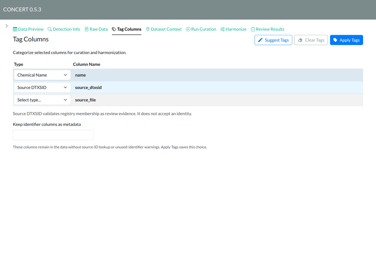 Tag Columns with Chemical Name and Source DTXSID applied; the inventory filename is retained untagged