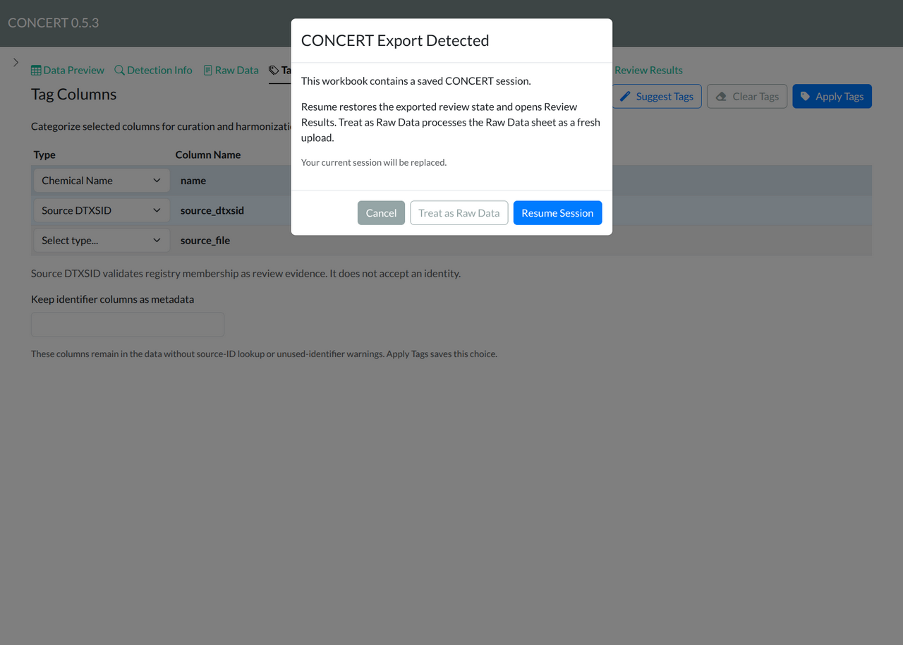 The complete CONCERT Export Detected dialog, showing Cancel, Treat as Raw Data and Resume Session