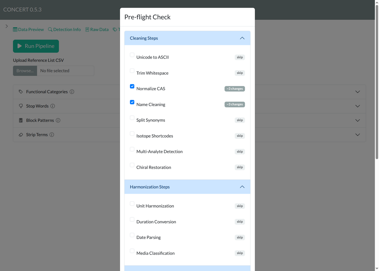 Current pre-flight dialog, part 1 of 2: title, cleaning choices, estimated changes and start of harmonization choices