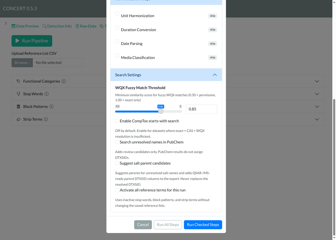 Current pre-flight dialog, part 2 of 2: harmonization choices, all search settings and the Cancel, Run All Steps and Run Checked Steps buttons